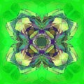 FLORAL MANDALA . TEXTURED GREEN BACKGROUND. TIFFANY STYLE. CENTRAL FLOWER IN GREEN, BLUE, YELLOW, PURPLE