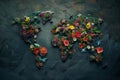 Flower Map, a World Map Made of Flowers on Dark Background Royalty Free Stock Photo