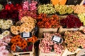 Flower market with various multicolored fresh flowers. Sell flowers.