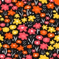 Flower meadow seamless vector pattern. Pink yellow orange florals on black background. Repeating ditsy flower field. Royalty Free Stock Photo