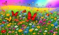 flower meadow in summer. Multicolored butterflies. crisp focus, digital drawing, Generative AI, Generative, AI