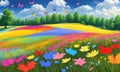 flower meadow in summer. Multicolored butterflies. crisp focus, digital drawing, Generative AI, Generative, AI