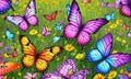 flower meadow in summer. Multicolored butterflies. crisp focus, digital drawing, Generative AI, Generative, AI