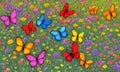 flower meadow in summer. Multicolored butterflies. crisp focus, digital drawing, Generative AI, Generative, AI