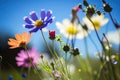 Flower meadow under a summer sky in color field. Generative AI illustration