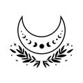 Flower moon phase symbol. Beauty black moon tattoo design. Celestial crescent isolated Astrology girl crescent.