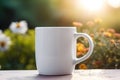 Flower Mug with a View, Blank White 15 oz Coffee Mug Mockup with Beautiful Flowers in Background anf Bokeh - Generative AI