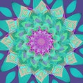 FLOWER NET MANDALA. PLAIN VIOLET BACKGROUND. CENTRAL FLOWER IN PURPLE, TURQUOISE, ORANGE, GREEN, AQUAMARINE