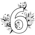 Flower number. Decorative floral pattern numbers six. Big 6 with flowers, buds, branches, leaves and hearts. Vector Royalty Free Stock Photo