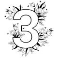 Flower number. Decorative floral pattern numbers Three. Big 3 with flowers, buds, branches, leaves and hearts. Vector Royalty Free Stock Photo