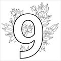 Flower number nine. Decorative pattern 9 with flowers, tulips, buds and leaves. Vector illustration isolated on white background.