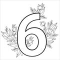 Flower number six. Decorative pattern 6 with flowers, tulips, buds and leaves. Vector illustration isolated on white background. Royalty Free Stock Photo