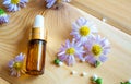 flower oil in glass bottles.homeopathy.selective focus