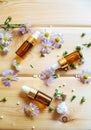 flower oil in glass bottles.homeopathy.selective focus