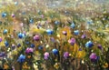 Flower oil painting beautiful summer landscape with blue pink wildflowers