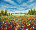 Flower oil painting Road in flower field, beautiful summer wildflowers, red poppies on canvas Royalty Free Stock Photo