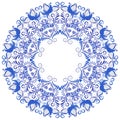 Flower ornament with blue birds and flowers in a circle. Template design in ethnic style. Frame Gzhel porcelain painting Royalty Free Stock Photo