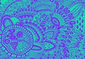 Flower ornament with patterns and leaves. Zendoodle fantastic blue background. Abstract trippy pattern. Psychedelic art. Vector Royalty Free Stock Photo