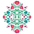 Symmetrical vector floral ornament. Folk art decoration with meadow and garden flowers and berries