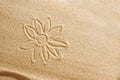 The flower is painted in the sand. Beach background. Top view. The concept of summer, summer kanikkuly, vacation, holydays