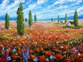 Flower painting Field of red poppies. ORIGINAL oil painting of flowers, beautiful red flowers landscape. Royalty Free Stock Photo