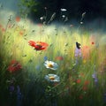 Flower painting. Wildflowers white daisies, red poppies and yellow beautiful flowers in grass on field