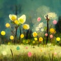 Flower painting. Wildflowers, white daisies, yellow beautiful flowers in grass on field Royalty Free Stock Photo