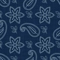 Flower Paisley Motif Embroidery Motif Background. Japanese Sashiko Needlework Seamless Linen Pattern. Hand Running