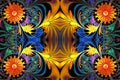 Flower pattern in fractal design. Yellow and blue palette. On bl Royalty Free Stock Photo