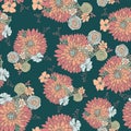 Flower pattern seamless background vector. Floral arrangements with Aster, Daisy, Petunia, and chamomile flowers coral, pink blue,