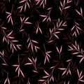 Seamless pretty pink bamboo leaves pattern. Black background.