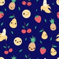 Kawaii happy fruit seamless pattern vector.