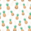 Kawaii happy pineapple fruit seamless pattern vector.