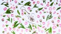 Flower pattern on a white background. Petals and buds of roses. In the center is a stand for rings in the shape of a heart Royalty Free Stock Photo