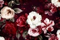 vintage bouquet flower wallpaper peony decoration dark burgundy black nature background. Generative AI.