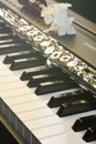 Flower,piano and flute with golden shine and sheet music. Royalty Free Stock Photo