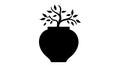 Flower, plant with leaves in pot. Black flowerpot icon on white background