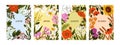 Flower posters for four seasons. Spring, summer, fall, autumn, winter cards designs. Nature seasonal banners set