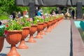 Flower pot on the background of a memorial and people