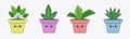 Flower pot collection. House plant set line. Green leaves plants in pots. Cute cartoon kawaii smiling character face. Interior