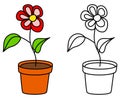 Flower in pot colorful and black and white. Flower coloring book page for children. Vector illustration isolated on white