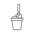 Flower pot with earth and stuck mini shovel. Line art icon of planting, gardening tool. Black illustration of excavation,