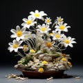 Exquisite Daisy Flower Arrangement On Rock: Detailed Petals And Symmetrical Diorama