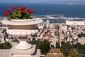 Flower pot with geranium plant at the Bahai Garden entrance above the Bahai Temple in Haifa