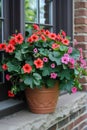 Flower pot or planter containing geraniums, calibrachoas Royalty Free Stock Photo