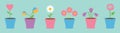 Flower pot set line. Daisy chamomile. Tulip, rose, bluebell, heart, white camomile flowers. Blue background. Happy Valentines day