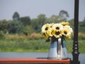 Flower pot shaped watering can and yellow plants placed by the river Royalty Free Stock Photo