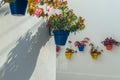 Flower pots decorating typical Andalusian houses in the old town of Estepona, Spain Royalty Free Stock Photo