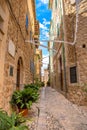 Flower pots in Fornalutx street Royalty Free Stock Photo