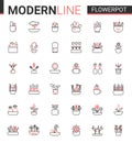 Flower pots for home garden flat thin red black line icon vector illustration set, gardening decoration symbols, linear
